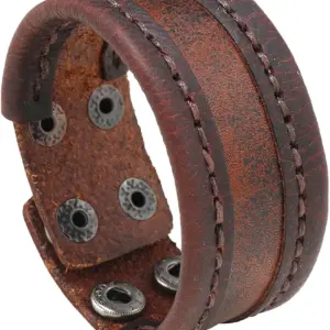 Vintage Wide Cowhide Leather Bracelet Cuff Adjustable Handmade Genuine Leather Bangle Wristband with Snap Button Retro Rock Biker Gothic Bracelet for Men Women Costume Party Gift(Brown)