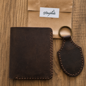 Genuine Cowhide Double-Fold Wallet and Keychain, Handmade Wallet, Gift for Husband, Dad