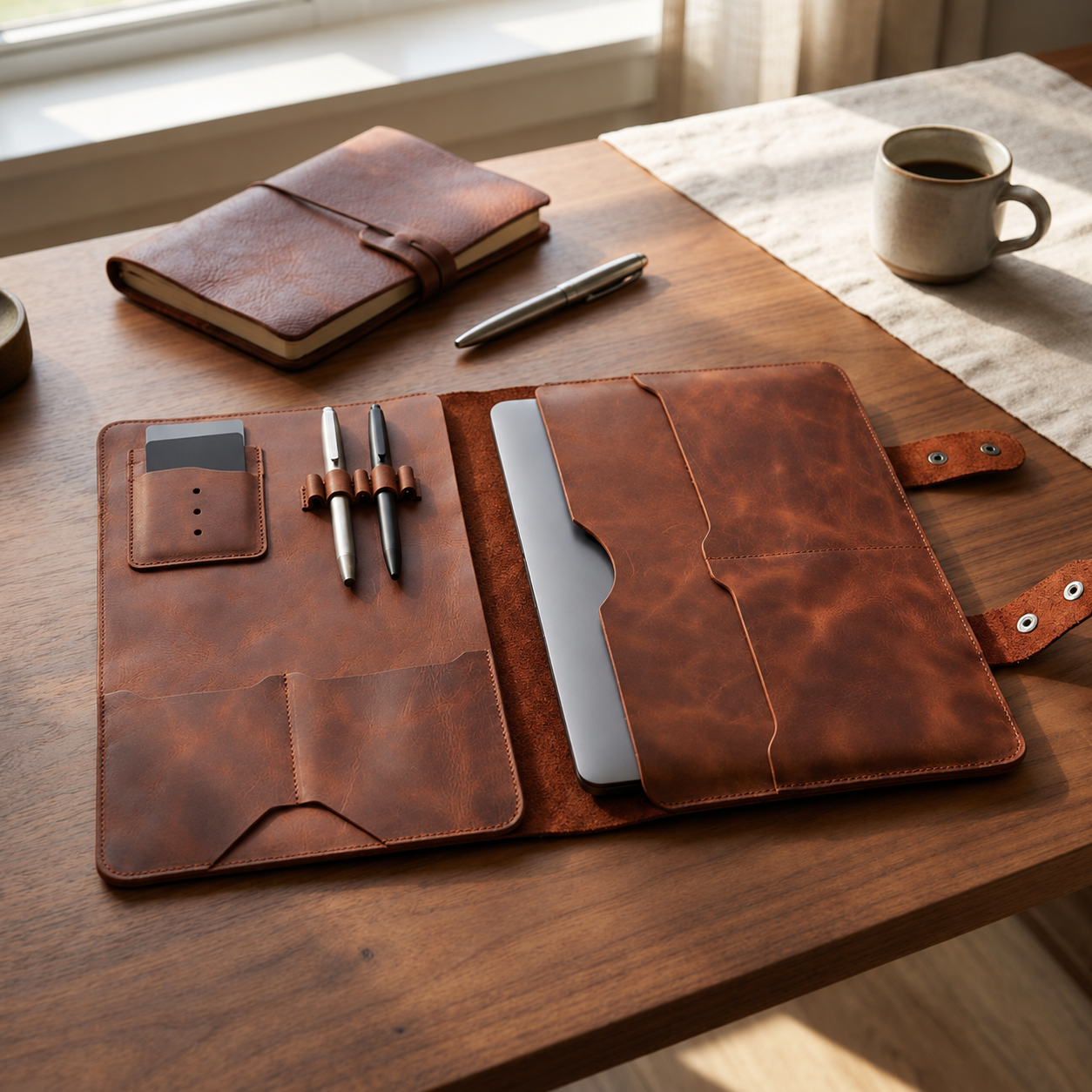 Crazy Horse Leather Laptop Portfolio, Full Grain Work Folio Organizer, Pen Slots - Image 9