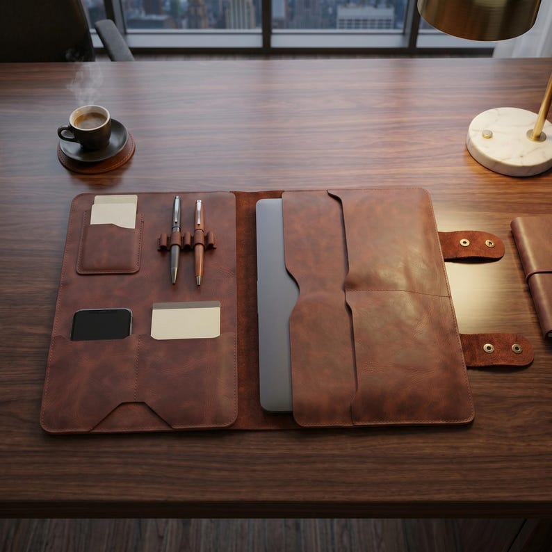 Crazy Horse Leather Laptop Portfolio, Full Grain Work Folio Organizer, Pen Slots - Image 7