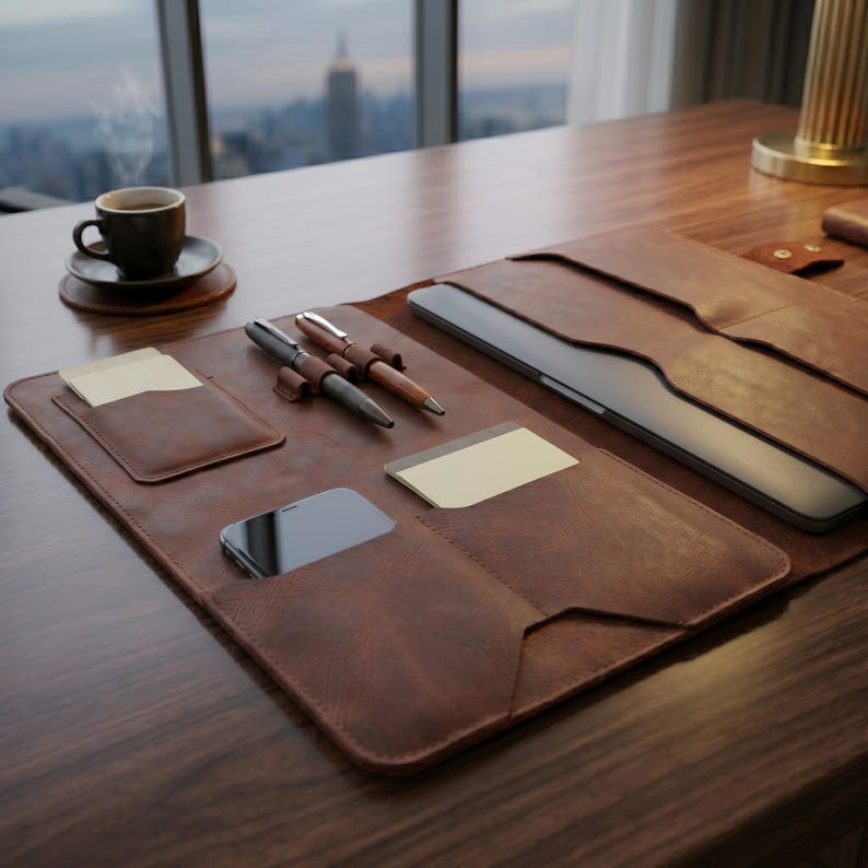 Crazy Horse Leather Laptop Portfolio, Full Grain Work Folio Organizer, Pen Slots - Image 5