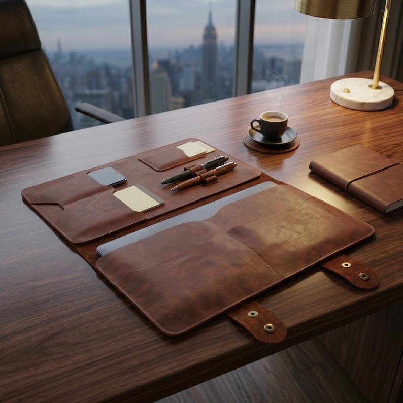 Crazy Horse Leather Laptop Portfolio, Full Grain Work Folio Organizer, Pen Slots - Image 4