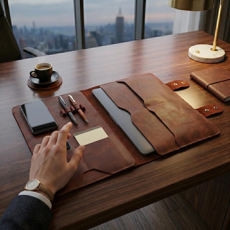 Crazy Horse Leather Laptop Portfolio, Full Grain Work Folio Organizer, Pen Slots - Image 3
