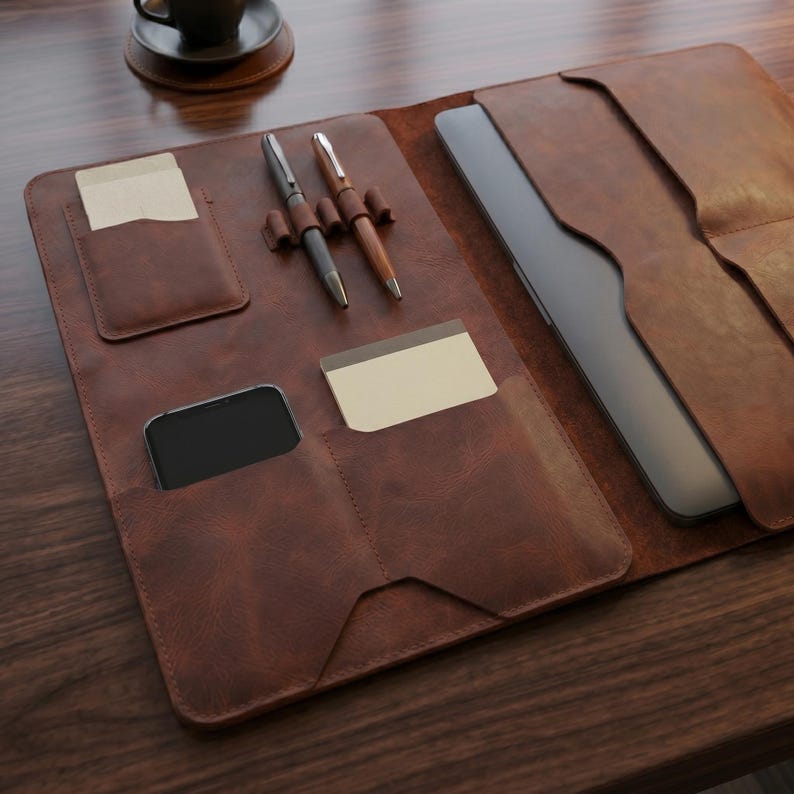 Crazy Horse Leather Laptop Portfolio, Full Grain Work Folio Organizer, Pen Slots - Image 6