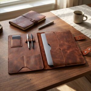Crazy Horse Leather Laptop Portfolio, Full Grain Work Folio Organizer, Pen Slots