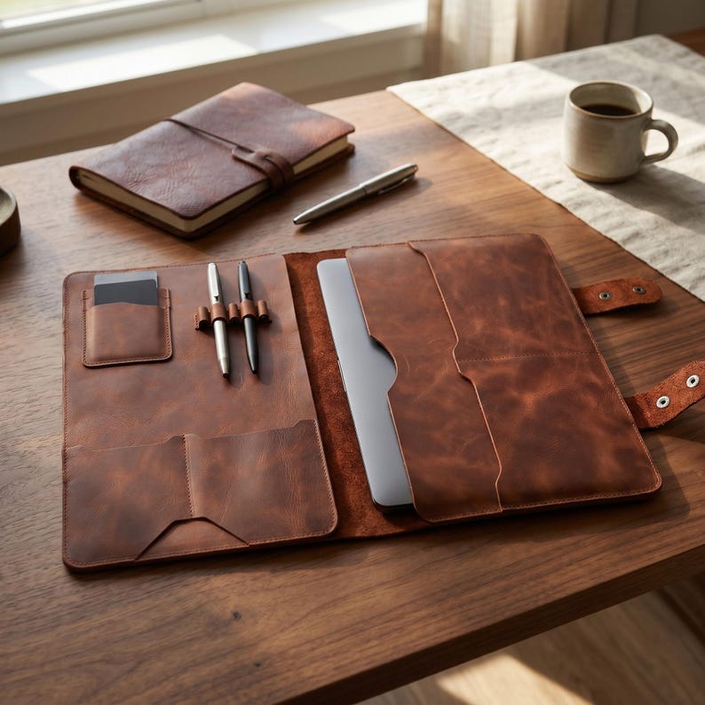 Crazy Horse Leather Laptop Portfolio, Full Grain Work Folio Organizer, Pen Slots