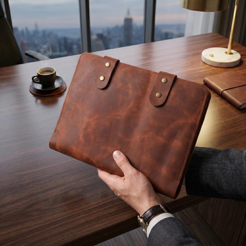 Crazy Horse Leather Laptop Portfolio, Full Grain Work Folio Organizer, Pen Slots - Image 8
