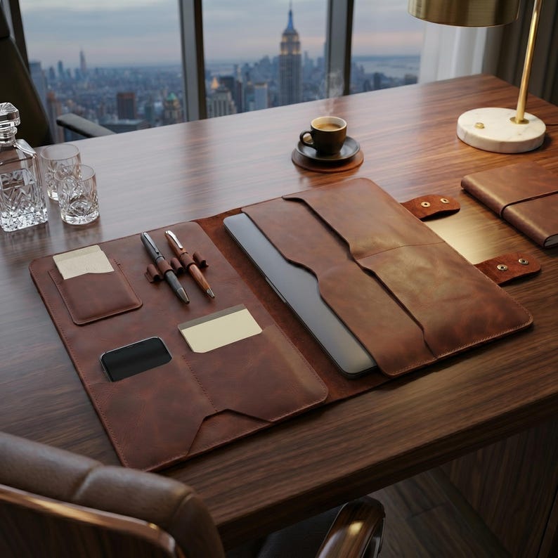 Crazy Horse Leather Laptop Portfolio, Full Grain Work Folio Organizer, Pen Slots - Image 10