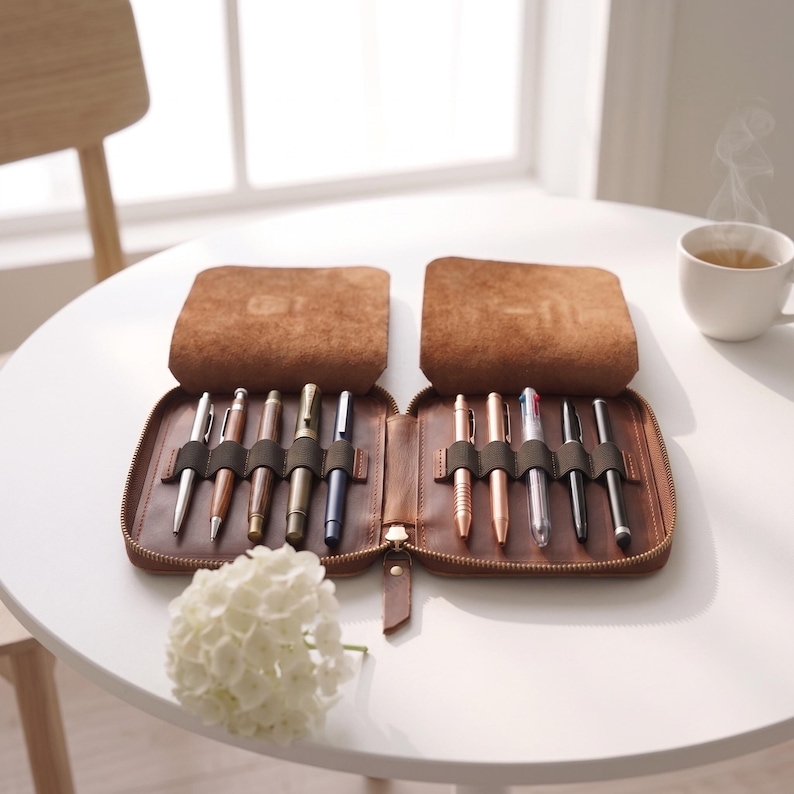 Genuine leather pen case, Large leather pen case, Leather fountain pen case,Leather pen organizer case,Custom leather pen case,Student gifts - Image 7