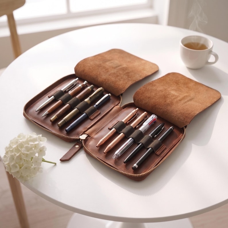 Genuine leather pen case, Large leather pen case, Leather fountain pen case,Leather pen organizer case,Custom leather pen case,Student gifts - Image 6