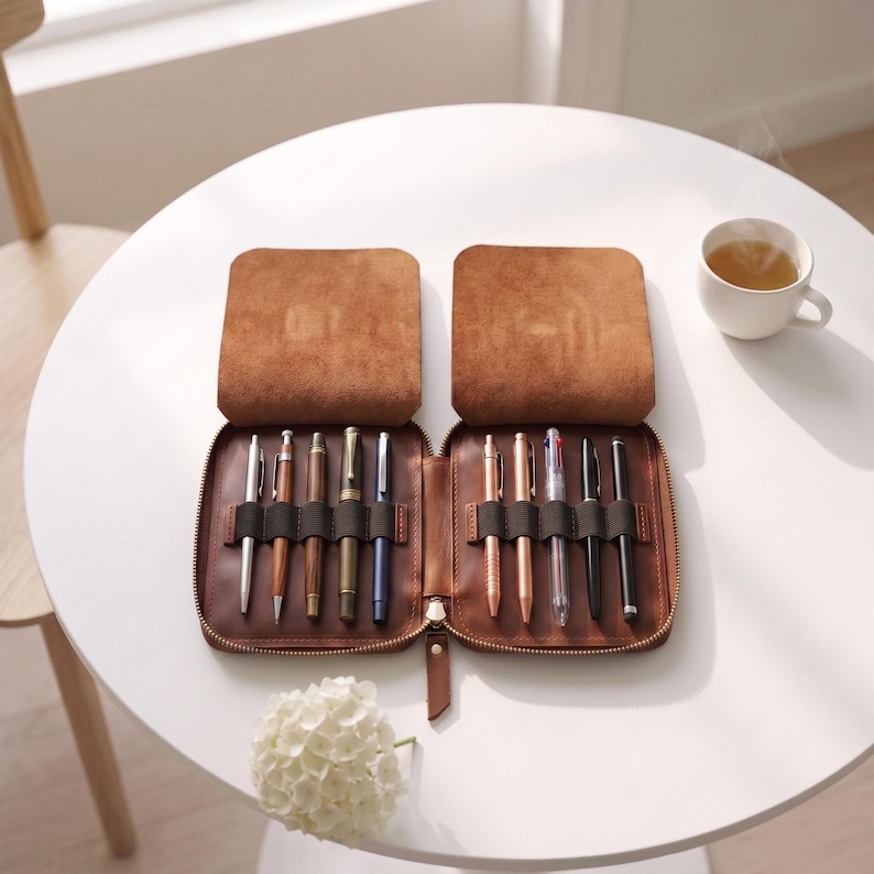 Genuine leather pen case, Large leather pen case, Leather fountain pen case,Leather pen organizer case,Custom leather pen case,Student gifts - Image 4