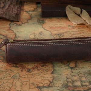 Vintage Cowhide Skin Pencil Case Pen Case High Capacity Zipper Stationery Pen Case Storage